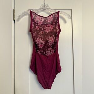 Bloch Burgundy Leotard/Bodysuit with Pink Mesh Floral Back – Size S